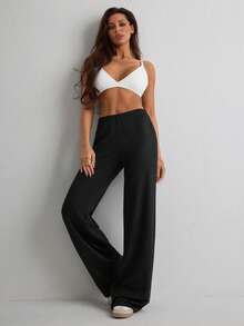 Women's Casual Solid Color Wide Leg Pants - Black - View 3