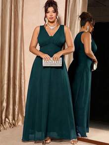 SHEIN LUNE Vestido de fiesta elegante de unicolor sin mangas para tallas grandes - Verde Oscuro - Ver 3