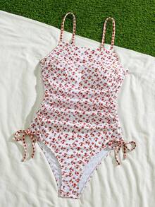 Swim Mod 女士连体泳衣，适合夏季海滩和休闲度假——温柔、复古、甜美又浪漫。采用双印花设计：小碎花图案搭配格子图案。侧边抽绳设计，露背剪裁，修身显瘦。是海滩、海边出游的理想之选；也是女士春秋季泳装的完美之选。 - 彩色 - 查看 8
