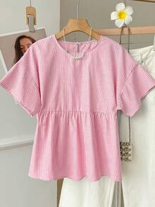 SHEIN EZwear 女士休闲条纹梭织衬衫，夏季 - 橘色 - 查看 9