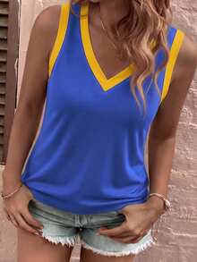 EMERY ROSE New Fashion Retro Casual Basic V-Neck Colorblock Plus Size Tank Top - Multicolor - View 3