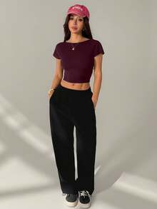 SHEIN PETITE Áo thun croptop hở lưng màu trơn phong cách đường phố dành cho nữ - Màu Đỏ Sâu - Xem 8
