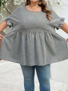 SHEIN CURVE+ Curve 加大码 US22 音乐节、海滨度假、波西米亚风 CURVE PLUS / / 女士格纹印花衬衫，适合春夏波西米亚风度假，休闲娃娃风衬衫 - 黑與白 - 查看 3