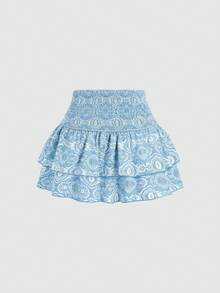 Sweetra Women's Pink Mini Skirt, Vintage Cashew Flower Pattern, Double-Layer Ruffle Hem, Suitable For Beach Vacation, Spring/Summer - Baby Blue - View 2
