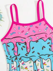 Young Girl Cute Ice Cream Print Sleeveless One Piece Swimsuit, Cute Fluid Beachwear - Pink - View 3