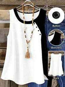 SHEIN LUNE CURVE Áo tank top cổ tròn phối màu tương phản, kiểu dáng thường ngày, cỡ lớn, thích hợp mặc mùa hè. - trắng - Xem 5