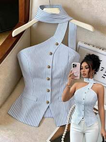 Elenzga Áo kiểu nữ thời trang kẻ sọc, cổ buộc nơ, cổ xếp ly, thích hợp cho tiệc tùng, hẹn hò, đi biển, ăn tối, lễ hội, mặc thường ngày, đi làm và các dịp nghỉ lễ, mùa xuân/hè. - Nhiều màu - Xem 1