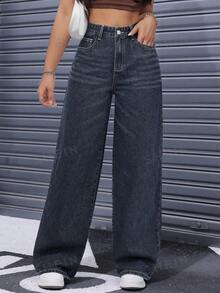 SHEIN PETITE Women's Fashion Versatile Pocketed Zipper Loose Straight Leg Jeans - Dark Wash - View 1