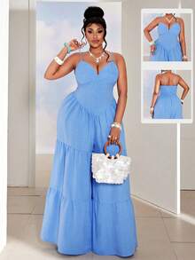 Maweii Mono de tiras de espagueti con escote en V sexy para talla grande, ideal para vacaciones en la playa - Azul - Ver 1