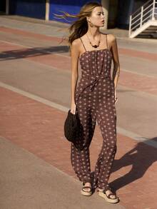 Nöista Jumpsuit Kaki Lebar Motif Geometris untuk Pakaian Liburan, Gaya Musim Panas, dan Pakaian Akhir Pekan. - Coffee Brown - View 4