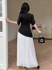 Modelyn 女士优雅黑白撞色褶皱长款连衣裙套装 - 彩色 - 查看 3