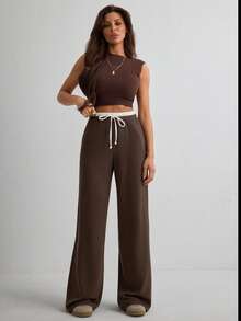 Casual Versatile Contrast Color Drawstring Waist Pants - Brown - View 5