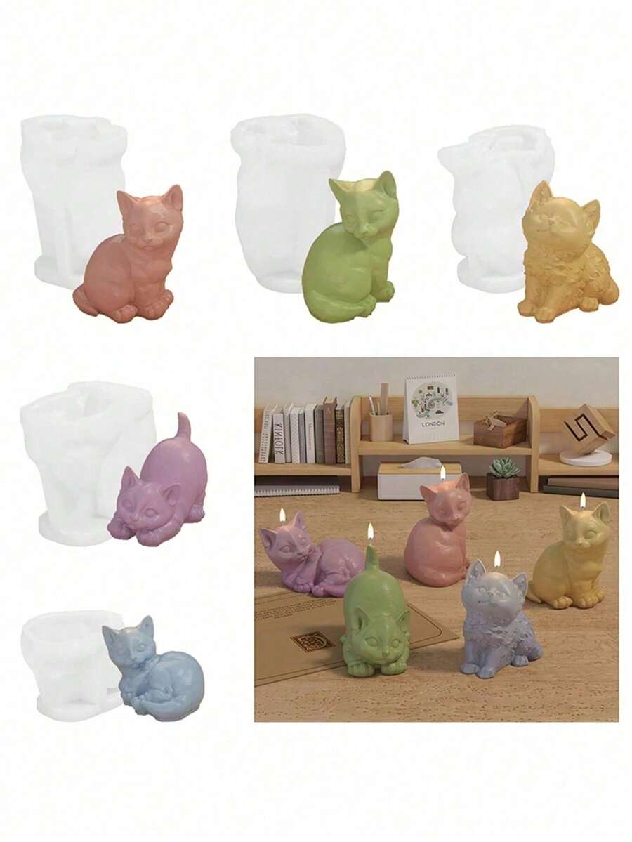 1 件动物猫硅胶模具,用于香薰石膏和蜡烛制作 - 可爱小猫设计蜡模材料,装饰工艺模具 - 無色 - 查看 1