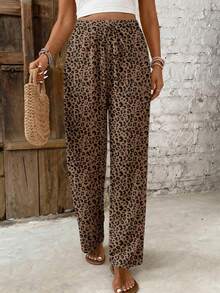 SHEIN Frenchy Quần ống đứng nữ kiểu dáng thường ngày thắt eo, họa tiết da báo cổ điển - Phong cách thanh lịch, đa năng cho kỳ nghỉ xuân/hè, hoàn hảo cho những chuyến đi biển, du thuyền, lễ hội âm nhạc Boho, lễ hội miền Tây, Isla - Nhiều màu - Xem 4