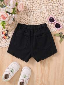 SHEIN Young Girl Ripped Denim Shorts, Kid Spring And Summer Casual Vacation Country Boho Wear, Beach For Kid Girls, Western Street Wear For Girl, Spring Break , Rave Festival Denim Shorts - Black - View 2