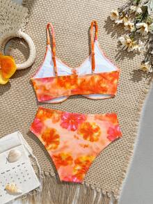 SHEIN Tween Girls Cute Floral Bikini Set,Orange 2-Piece Swimwear With Center & Side Tie,Full Coverage Bathing Suits For Teens,Summer Beach Holiday Swimming - Multicolor - View 2