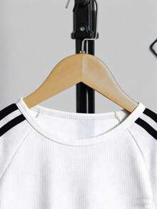 Genkimix Kids Bộ áo thun dài tay raglan cổ tròn kẻ sọc dáng rộng thoải mái cho bé trai, thích hợp mặc mùa hè. - trắng - Xem 4