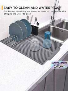 Silicone Dish Drying Mat With Extra-Wide Edge - Non-Slip Kitchen Countertop Drainage Mat For Plates, Bowls, Utensils | Flexible Odor-Resistant Drying Rack - Grey - View 2