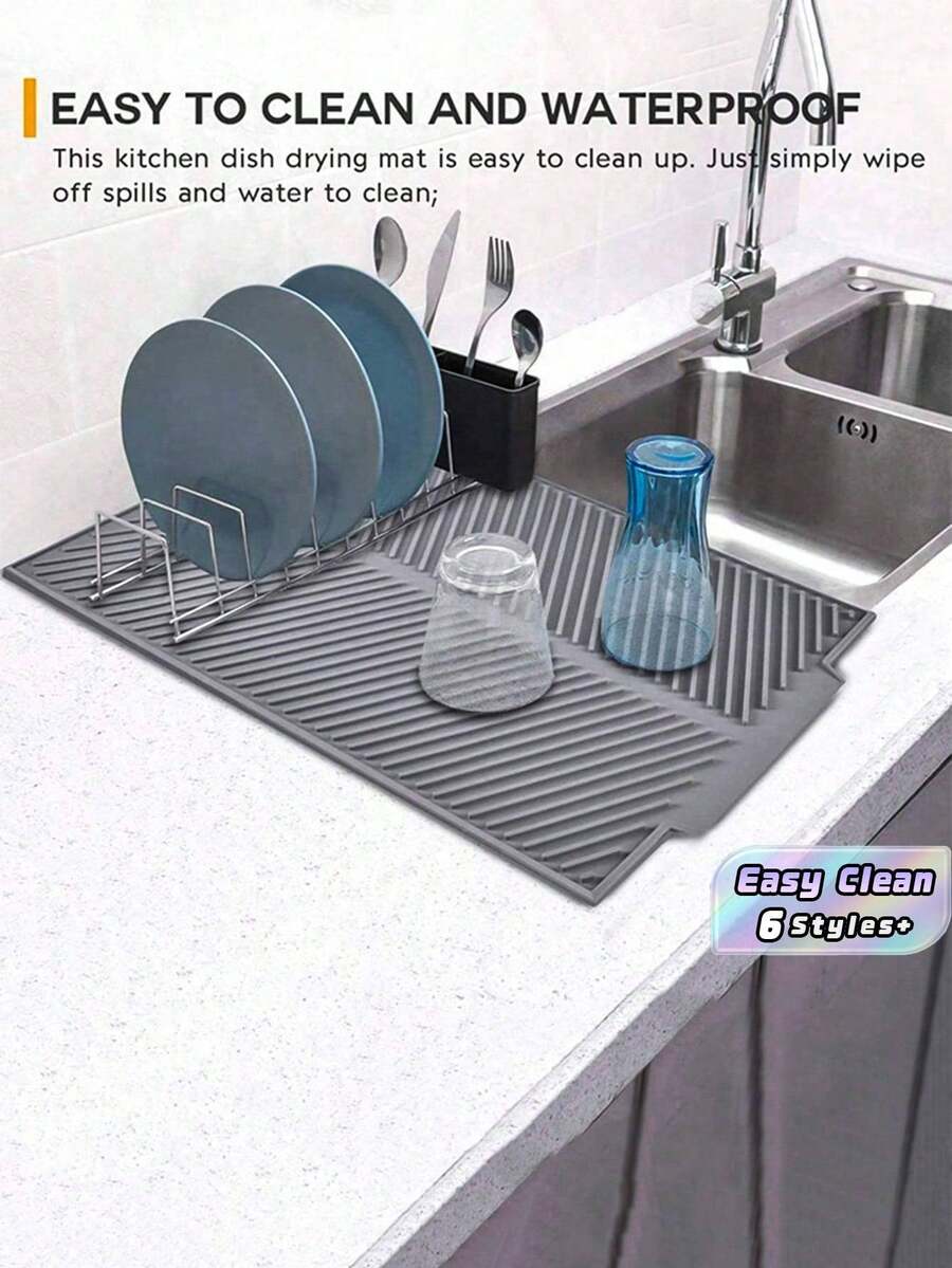 Silicone Dish Drying Mat With Extra-Wide Edge - Non-Slip Kitchen Countertop Drainage Mat For Plates, Bowls, Utensils | Flexible Odor-Resistant Drying Rack