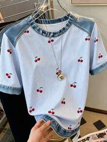 Franclia Décontracté et à la mode, t-shirt femme avec effet jean patchwork, imprimé rayé et cerise numérique, col rond - Bleu azur - Voir 5