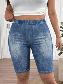 SHEIN Frenchy Pantalones cortos elásticos de cintura alta con textura azul natural para mujer talla grande - Multicolor - Ver 4