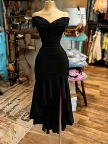 SHEIN Franclia Đầm ôm sát gợi cảm, thanh lịch, lệch vai dành cho nữ - màu đen - Xem 1