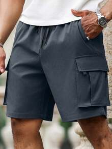 Manfinity Homme Celana Pendek Kargo Pria Ukuran Besar untuk Musim Panas, Kasual, Modis, Gaya Jalanan, dengan Kancing Jepit di Pinggang dan Kantong Lipat. - Biru - View 3