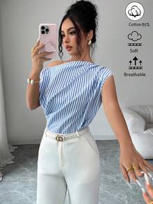 SHEIN Elenzya Áo kiểu nữ thanh lịch, dáng lệch vai, kẻ sọc, thích hợp cho mùa hè. - Xanh và trắng - Xem 4