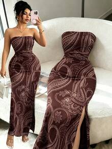 SHEIN Raffinéa Allover Print Ruched Side Tube Bodycon Dress Maxi Women Outfit - Coffee Brown - View 4