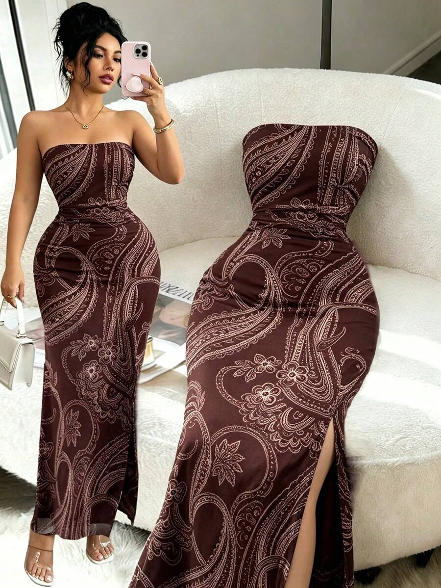 SHEIN Raffinéa Allover Print Ruched Side Tube Bodycon Dress Maxi Women Outfit