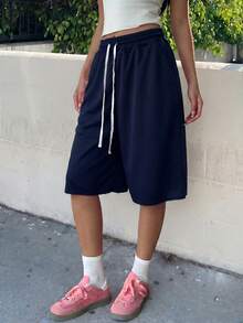SHEIN Muchic 大码藏蓝色休闲女式抽绳腰阔腿短裤 - 藏蓝色 - 查看 3