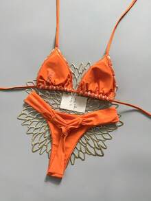 Swim Mod Summer Women 2pcs Textured Knit Fabric Triangle Tie Top And Ruched Bikini Bottoms Swimwear Set - Orange - View 2