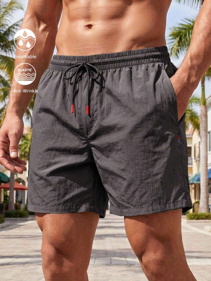 Manfinity Swimmode Men's Solid Color Slant Pocket Drawstring Elastic Waist Casual Beach Shorts,Red,Summer,Beaded,Holiday Swimming Board Shorts Vacation Wear - Grey - View 1