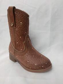 BotaS VAQUERAS con diamantes  para niñas, botas altas para niñas nueva temporada de otoño e invierno, botas largas de campo con decoración de diamantes brillantes - cafe - Ver 5