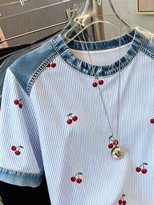 Franclia Décontracté et à la mode, t-shirt femme avec effet jean patchwork, imprimé rayé et cerise numérique, col rond - Bleu azur - Voir 3
