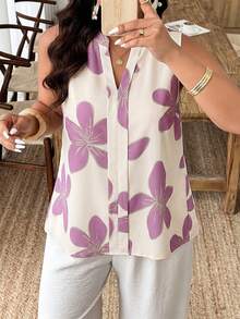Weeklong Plus Size Women Spring/Summer Placement Print Sleeveless Casual Vacation Shirt Blouse - Multicolor - View 4