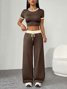 SHEIN PETITE Women's Fashion Versatile Color Block Short Sleeve T-Shirt And Drawstring Waist Pocket Long Pants 2-Piece Set - Coffee Brown - View 3
