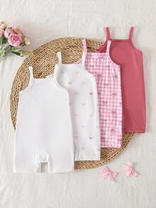 SHEIN 4pcs/Set Baby Girls' Casual Comfortable Daily Versatile Strap Romper, Suitable For Summer Vacation & Outings - Multicolor - View 2