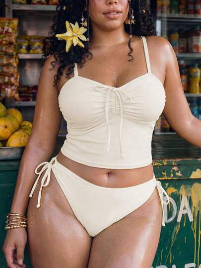 Swim Mod Bộ bikini hai mảnh cỡ lớn dành cho nữ, màu vàng nhạt, gợi cảm và thanh lịch, gồm áo bikini dây mảnh có nơ phía trước và quần bơi buộc dây bên hông có thể điều chỉnh, thích hợp cho kỳ nghỉ hè ở bãi biển.