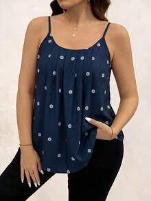Chikora Camiseta de tirantes con pliegues y estampado de margaritas para mujer de talla grande - Azul Marino - Ver 1