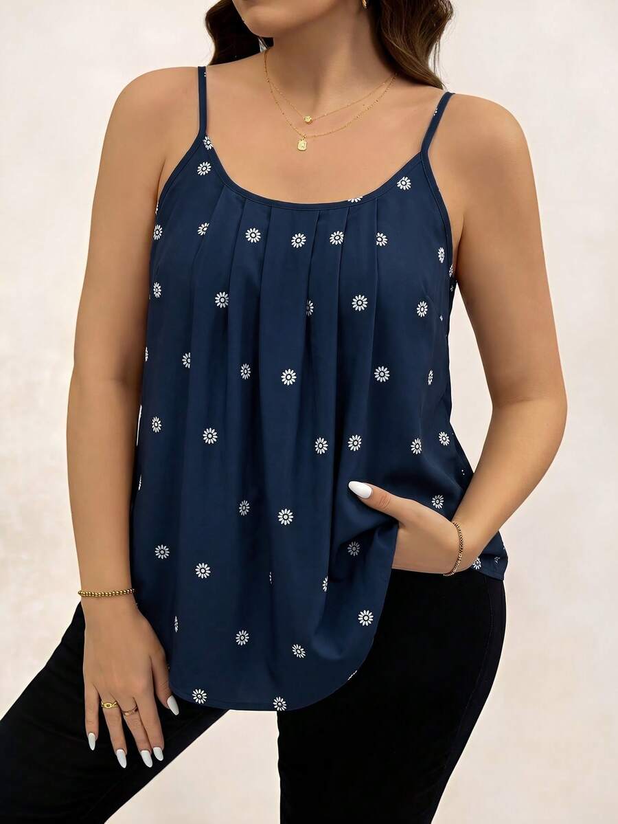 Chikora Camiseta de tirantes con pliegues y estampado de margaritas para mujer de talla grande - Azul Marino - Ver 1