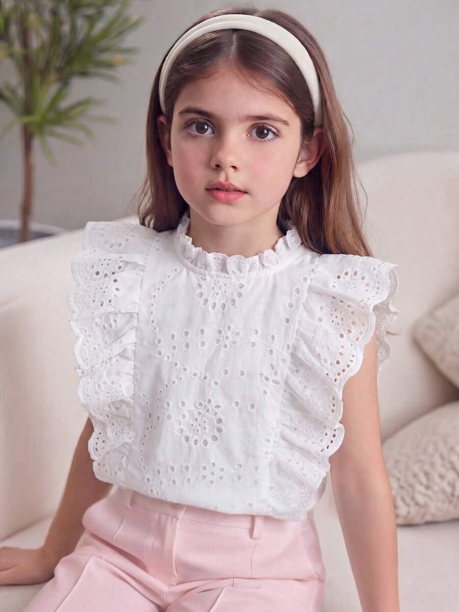 SHEIN Elladie kids 女童荷叶边领刺绣褶皱面料休闲衬衫,优雅乡村风格,适合外出和工作穿着,蓝色 - 白色 - 查看 1