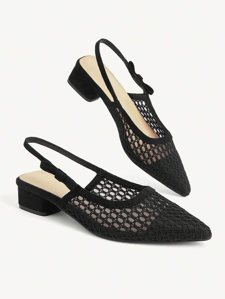 CUCCOO CHICEST Ladies Spring And Summer New Pointed Toe Low Heel Black Mesh Rhombus Grid Bow Fashionable Elegant Breathable Lady Style Women's Shoes Thick Heel Low Heel Empty Women's Shoes