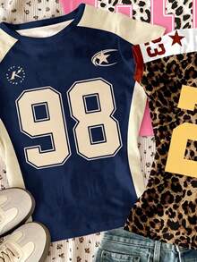 Bộ 3 áo thun phối màu, phong cách Blokecore, kiểu áo thun thể thao đường phố retro thập niên 90, họa tiết da báo, chữ số và chữ cái, ôm sát, chất liệu co giãn, Blokette, dành cho bé gái tuổi teen, kiểu dáng tối giản, dáng ngắn, cổ tròn, tay ngắn, cạp cao, thích hợp mặc hàng ngày vào mùa xuân/hè, POV, phong cách mới. - trắng - Xem 2