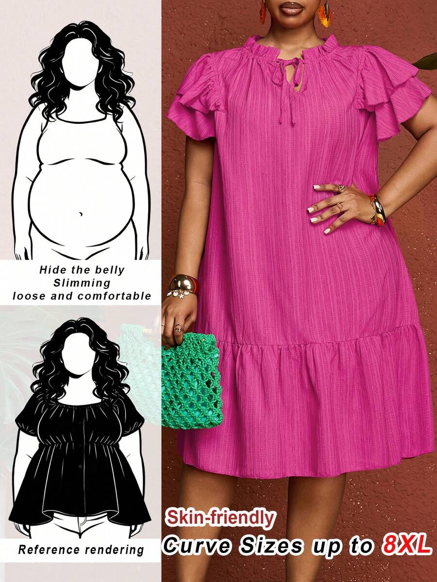 SHEIN CURVE+ Plus Size Solid Color Tie Neck Floucne Sleeve Ruffled Hem Dress,Sundress - Hot Pink - View 1