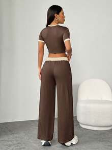 SHEIN PETITE Women's Fashion Versatile Color Block Short Sleeve T-Shirt And Drawstring Waist Pocket Long Pants 2-Piece Set - Coffee Brown - View 2