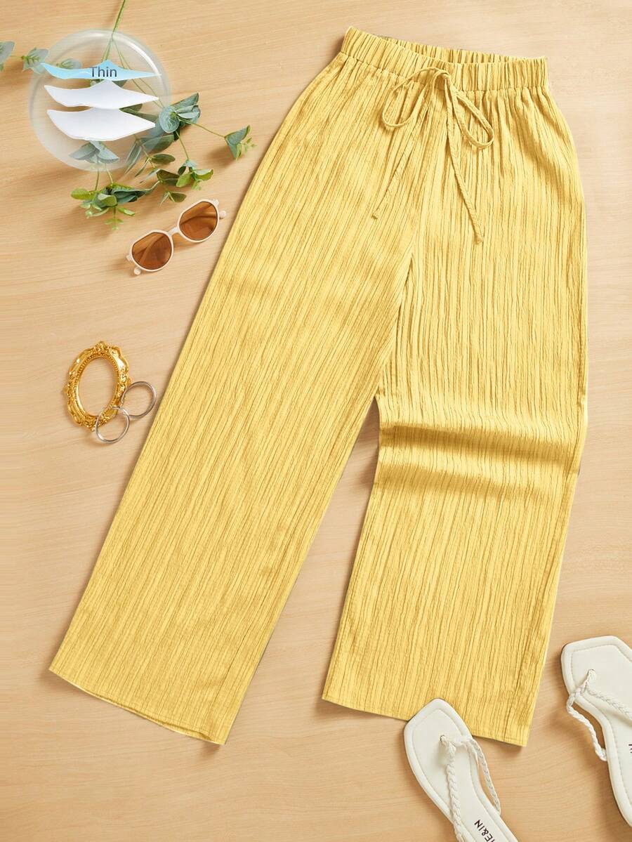 SHEIN Essnce Summer Casual Textured Wide Leg Capri Pants - Yellow - View 1