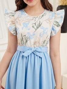 Vestido midi elegante de manga corta para niña preadolescente/adolescente, con estampado floral y mangas con volantes, decoración de lazo en la cintura, vestido de línea A, vestidos de vacaciones - Azul - Ver 6