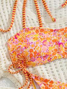 Swim Mod Damen Strand Musik Festival Frühling & Sommer Floral Gestreift Muster Herzausschnitt Rücken Schleife Niedlicher Stil Bikini Set - Verschiedenfarbig - Übersicht 5