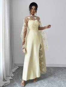 SHEIN Raffinéa Women's Floral Patchwork Mesh Elegant Dress - Butter Yellow - View 8